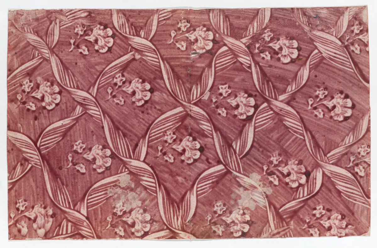 Paste paper with overall red floral and ribbon pattern by anonymous, print, 1800-1900