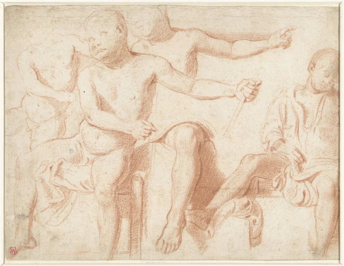 Vier studies van een zittende jongen by anonymous, drawing, 1500-1599