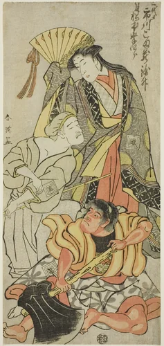 Actor Ichikawa Komazô III as Nyosan no Miya (The Third Princess), Ukare Zatô (A Blind Street Performer), and Sakata no Kaidô-maru in “Expanded Summer Festival” (“Zôho natsu matsuri”) by Katsukawa Shun'ei (勝川春英), print, 1786-1796