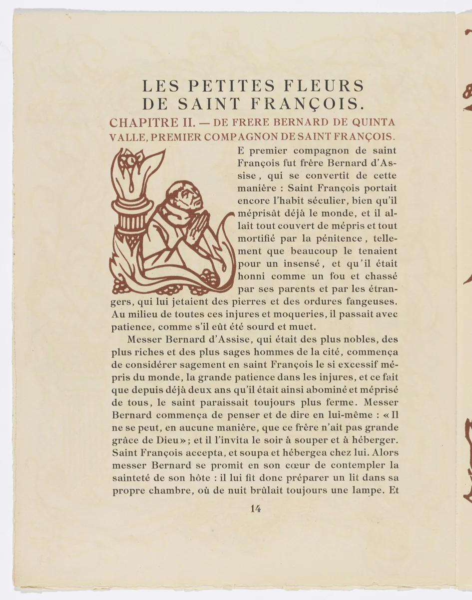 Pictorial initial (page 14) from Les Petites Fleurs de St. François (The Little Flowers of St. Francis) by Émile Bernard, illustrated book, 1928