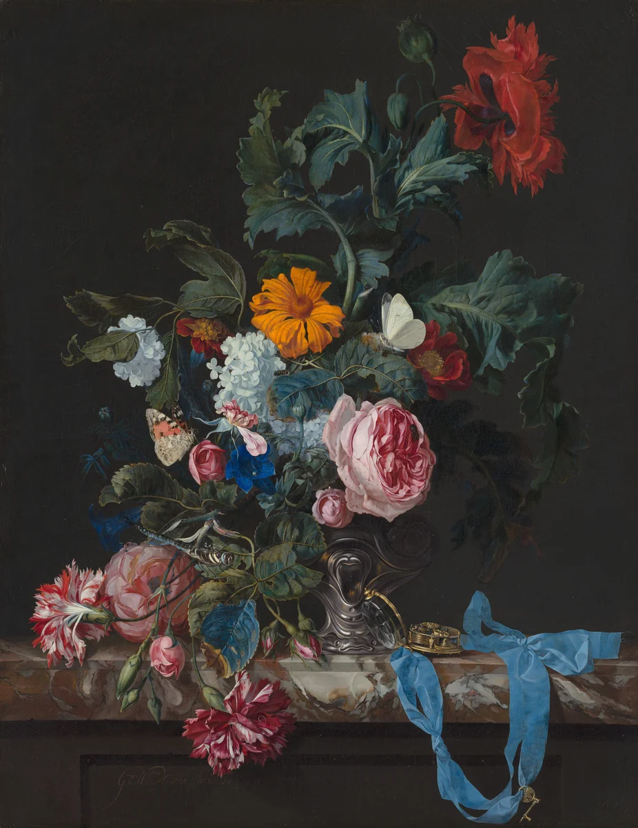 Flower Still Life with a Timepiece by Willem van Aelst, painting, 1663