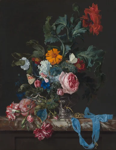 Flower Still Life with a Timepiece by Willem van Aelst, painting, 1663