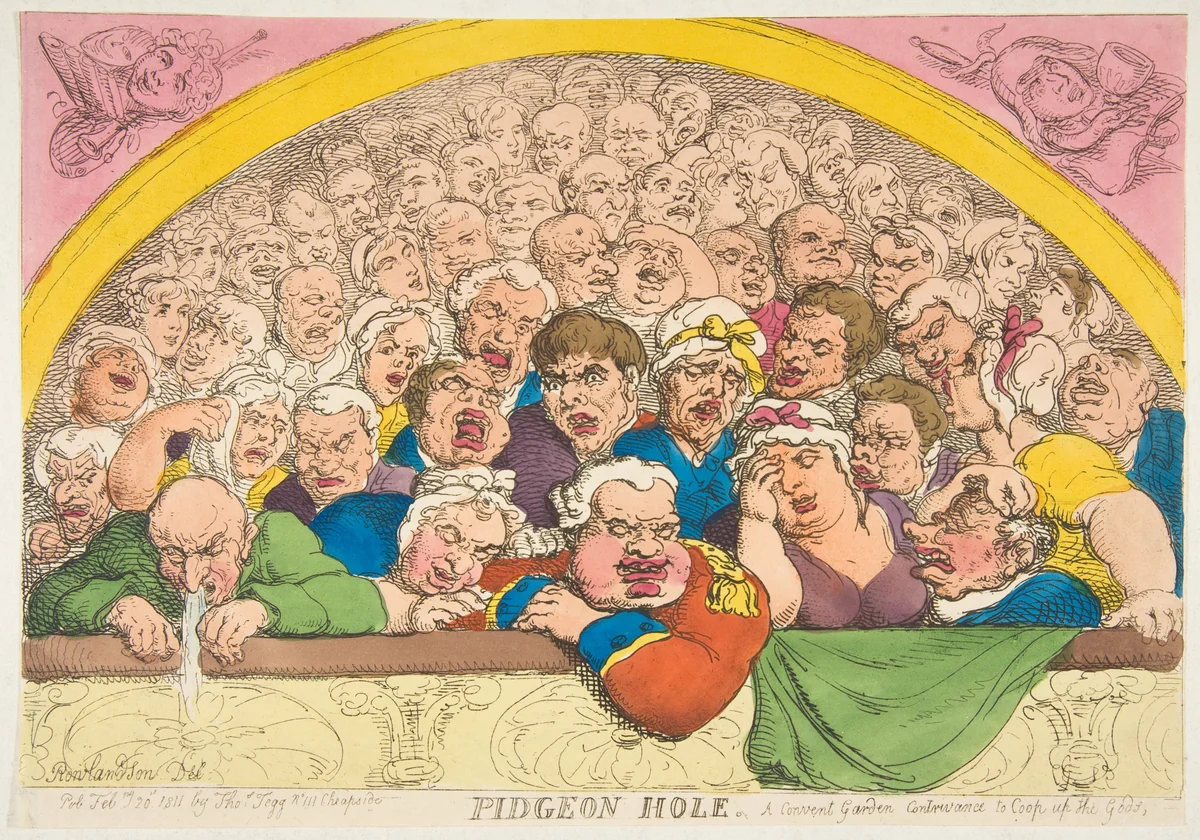 Pidgeon Hole. A Convent Garden Contrivance to Coop up the Gods by Thomas Rowlandson, print, 1811