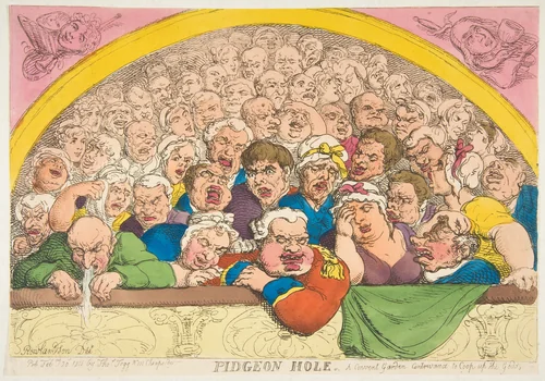 Pidgeon Hole. A Convent Garden Contrivance to Coop up the Gods by Thomas Rowlandson, print, 1811