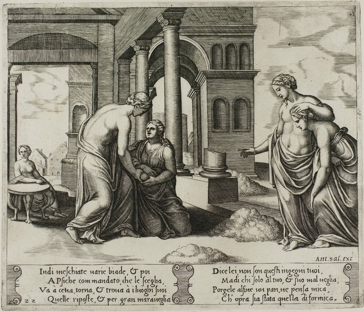 Venus Ordering Psyche to Sort a Heap of Grain by Raffaello Sanzio, print, 1530-1540