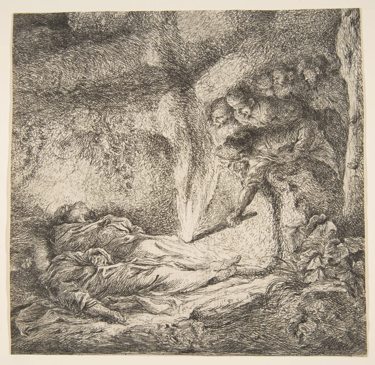 Finding the bodies of Saints Peter and Paul (fragment) by Giovanni Benedetto Castiglione, print, 1642-1652