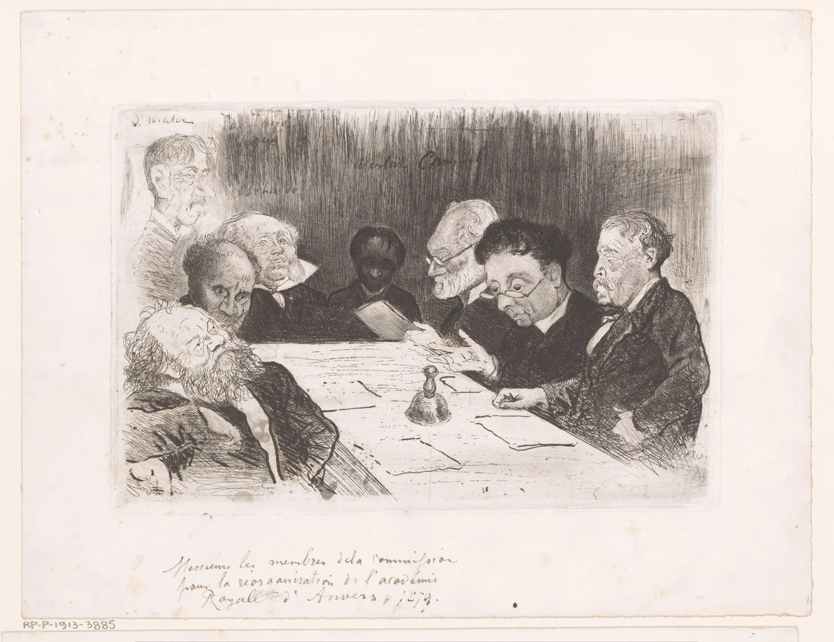 Commissie voor reorganisatie van de Antwerpse Academie by Charles Verlat, print, 1879