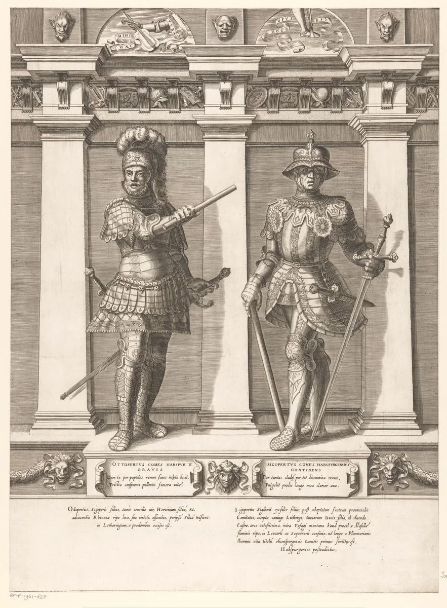 Dubbelportret van Ottopertus en Sigopertus van Habsburg by Gaspare Oselli, print, 1569