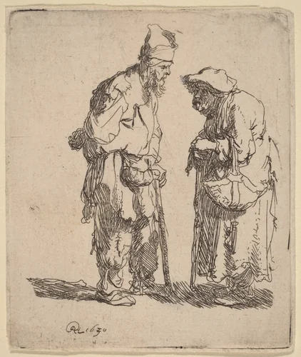 Beggar Man and Beggar Woman Conversing by Rembrandt van Rijn, print, 1630