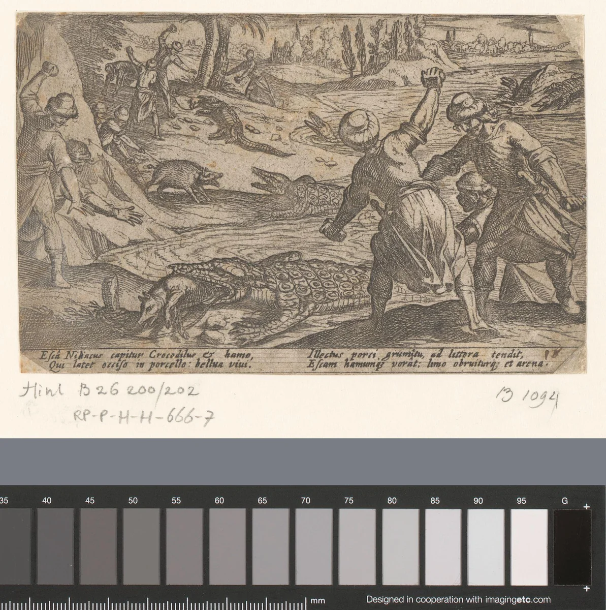 Jagers doden krokodillen en gebruiken everzwijnen als lokaas by Antonio Tempesta, print, 1605