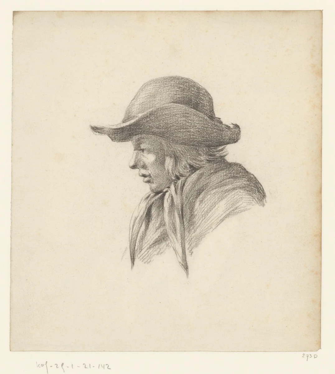 Jongeman met grote slappe hoed by anonymous, drawing, 1700-1749