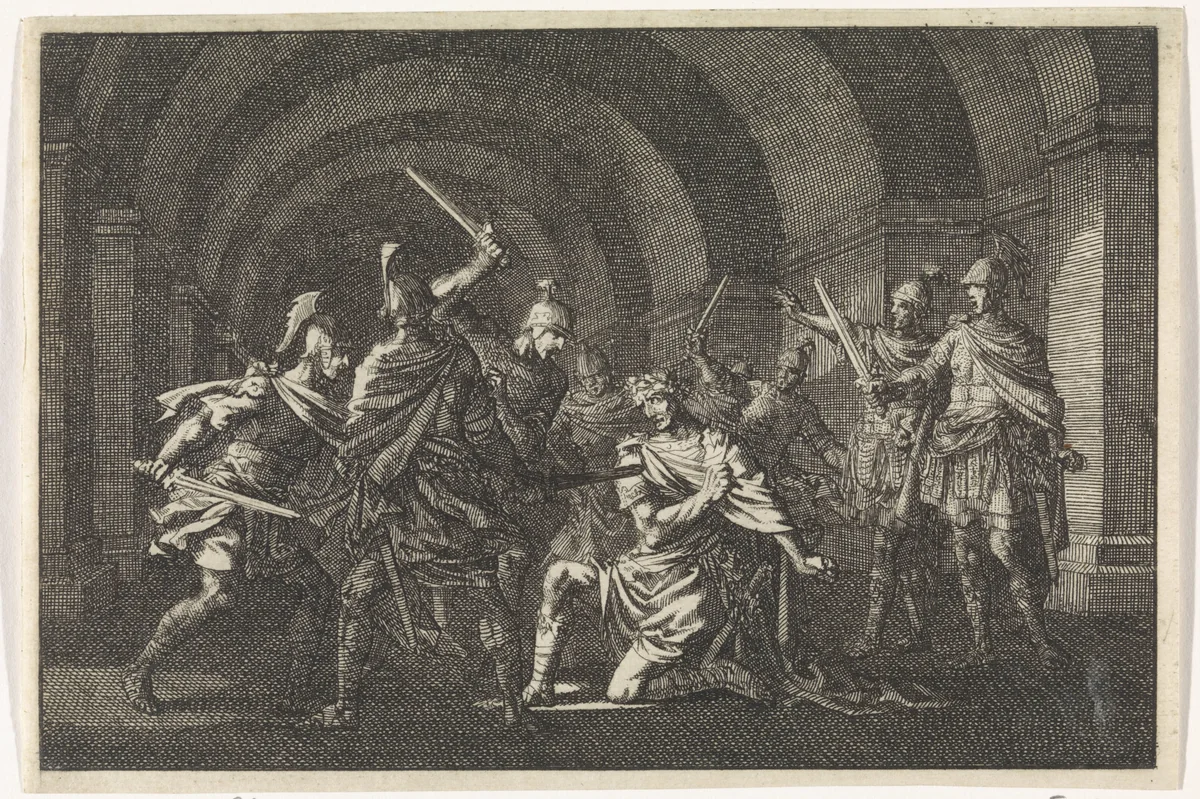 Keizer Caligula in een gewelf door een gewapende bende overvallen en vermoord by Jan Luyken, print, 1704