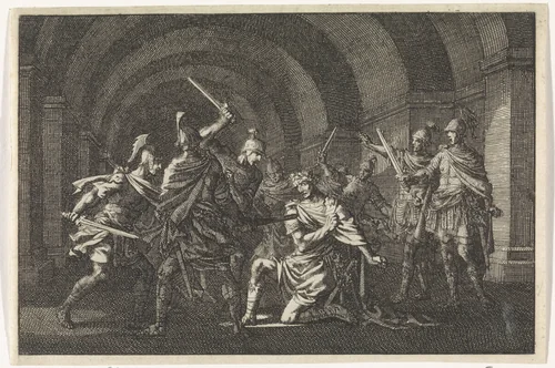 Keizer Caligula in een gewelf door een gewapende bende overvallen en vermoord by Jan Luyken, print, 1704