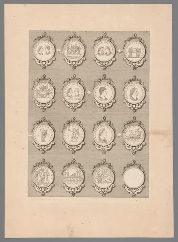 Zestien penningen met versierde lijsten, waarvan één blanco by Simon de la Boissière, print, 1647-1682