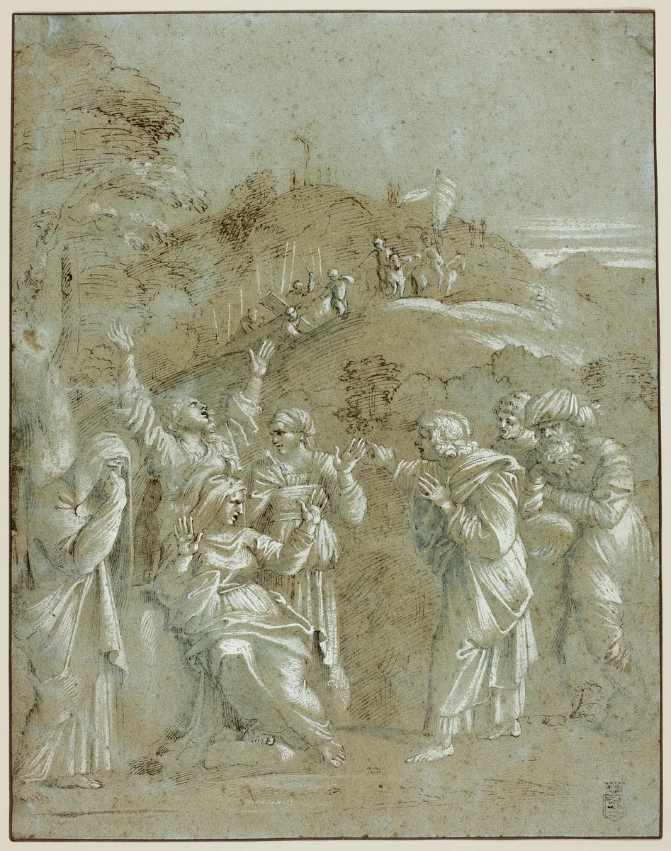 The Virgin, the Holy Women, and Saints John, James and Joseph of Arimathea, with Christ on the Way to Calvary by Antonio Carracci, drawing, 1603-1618