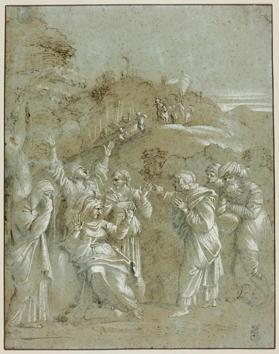 The Virgin, the Holy Women, and Saints John, James and Joseph of Arimathea, with Christ on the Way to Calvary by Antonio Carracci, drawing, 1603-1618