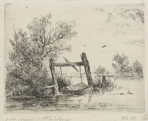 Visfuik aan een begroeide waterkant by Johannes Pieter van Wisselingh, print, 1830-1878