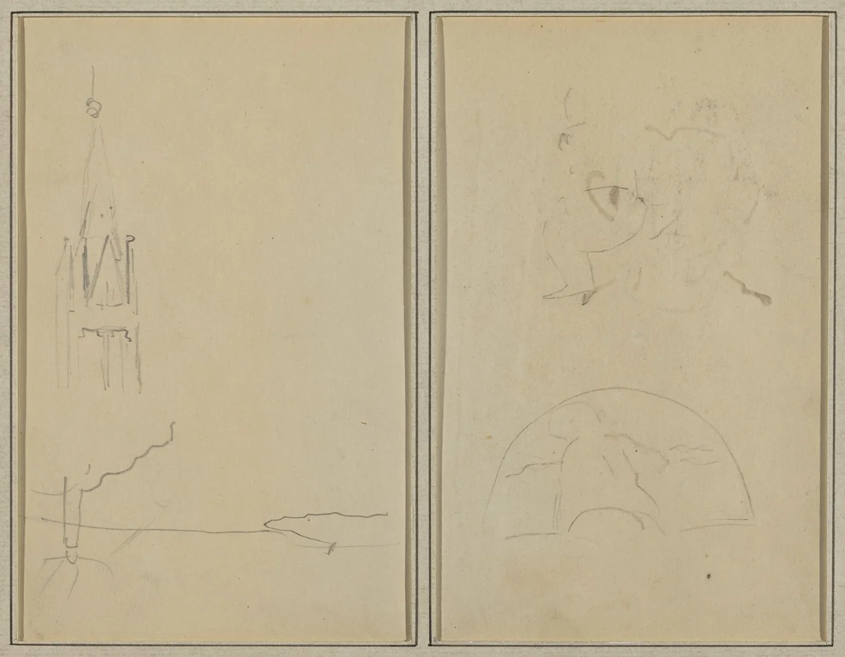 Church Tower; A Sketch of a Fan [recto] by Paul Gauguin, drawing, 1884-1888