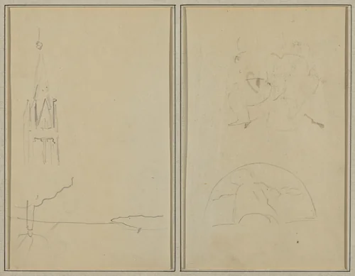 Church Tower; A Sketch of a Fan [recto] by Paul Gauguin, drawing, 1884-1888