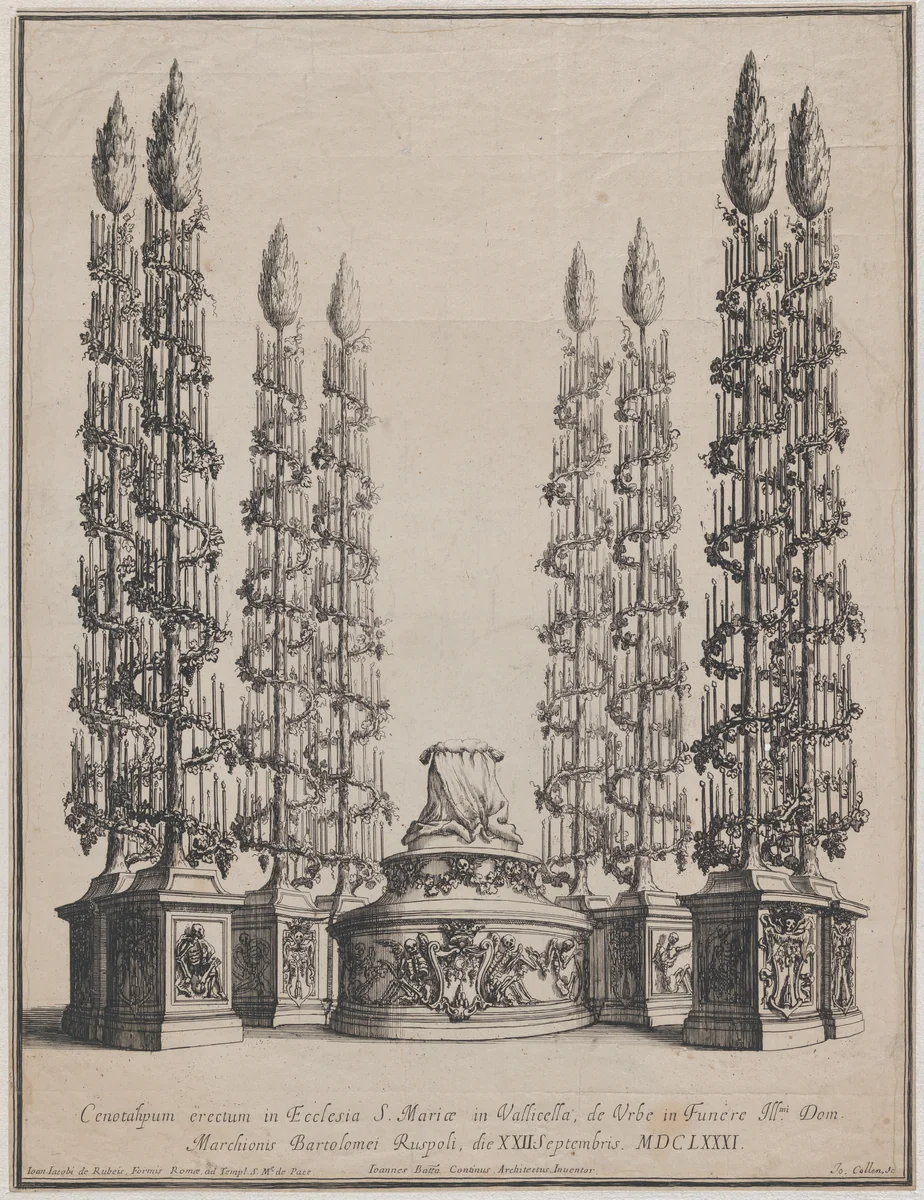 Catafalque for Marchese Bartolomeo Ruspoli, S. Maria in Vallicella, Rome, September 21, 1681 by Johannes Collin, print, 1681