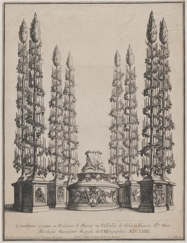 Catafalque for Marchese Bartolomeo Ruspoli, S. Maria in Vallicella, Rome, September 21, 1681 by Johannes Collin, print, 1681