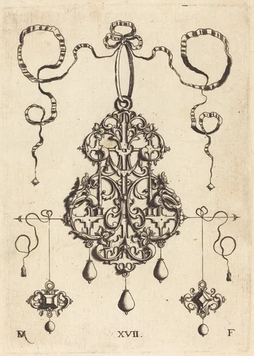 Strapwork Pendant with Two Square Tablestonesas Earrings at Left and Right by Daniel Mignot, print, 1516-1653