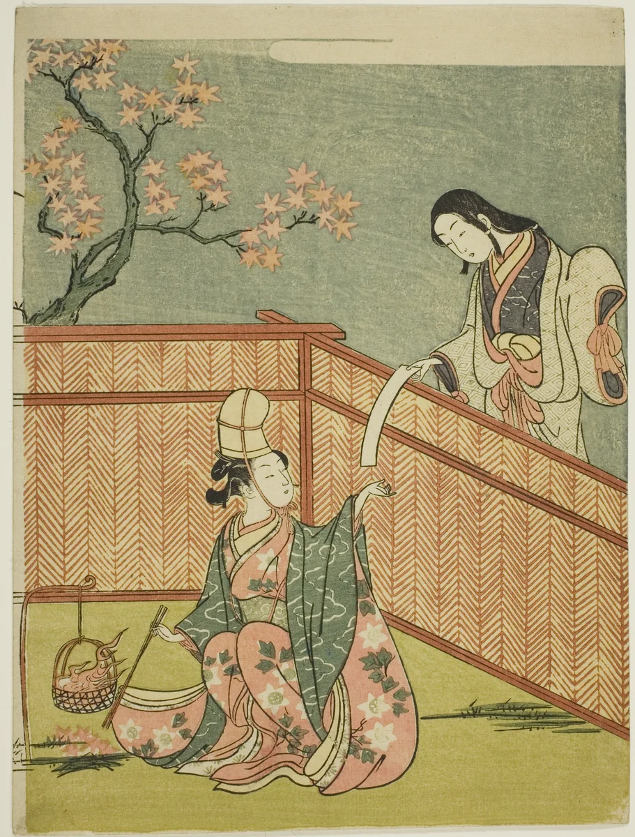 Burning Autumn Maple Leaves by Suzuki Harunobu (鈴木春信), print, 1765