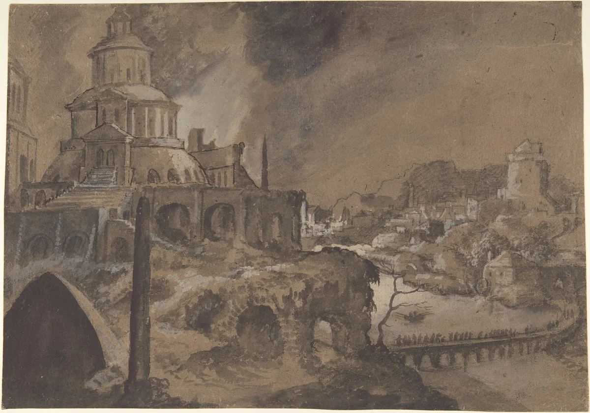 Fantastic Landscape with Figures Crossing a Bridge by Lancelot Blondeel, drawing, 1510-1561