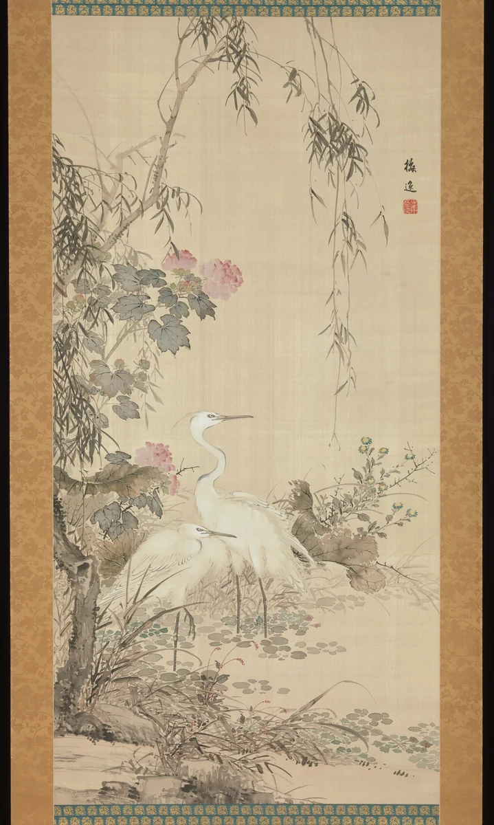 Egrets, Peonies, and Willows by Yamamoto Baiitsu (山本梅逸), painting, 1800-1833