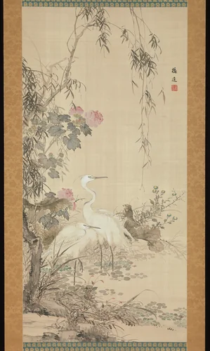 Egrets, Peonies, and Willows by Yamamoto Baiitsu (山本梅逸), painting, 1800-1833