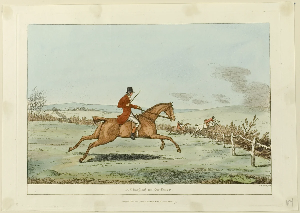 Charging an Ox-fence, plate three from Indispensable Accomplishments by Robert Frankland, print, 1811