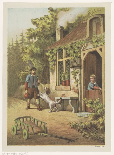 Begroeting op het erf by Albertus Barend Hendrik Braakensiek, print, 1851-1884