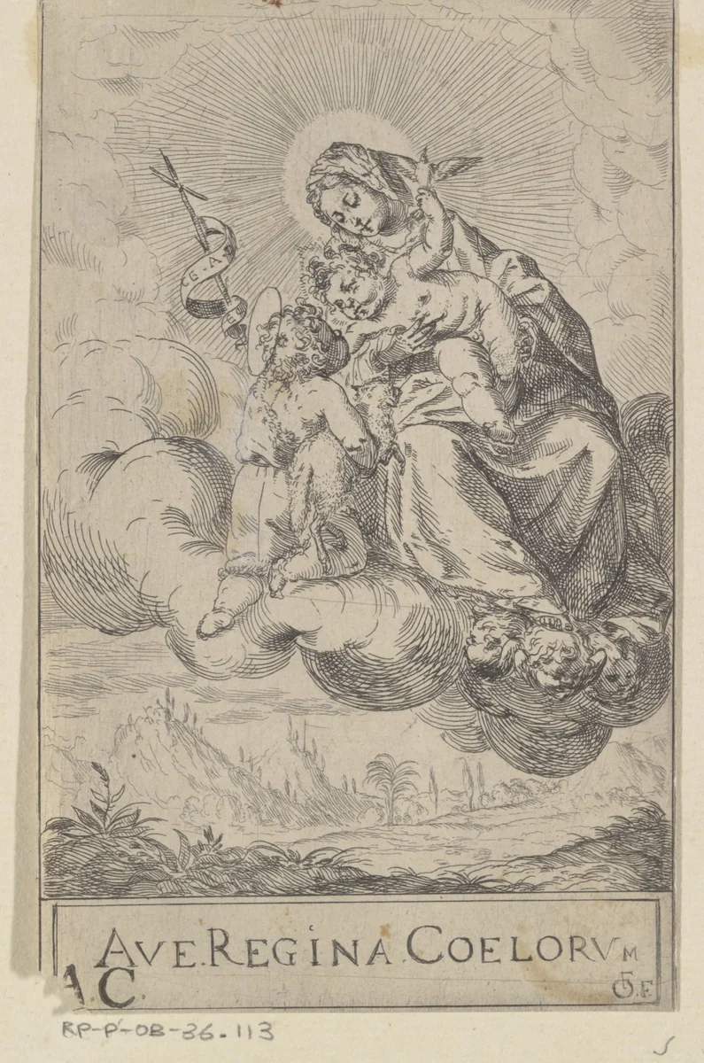 Maria met Kind en de jonge Johannes de Doper op een wolk by Unknown, print, 1583-1638