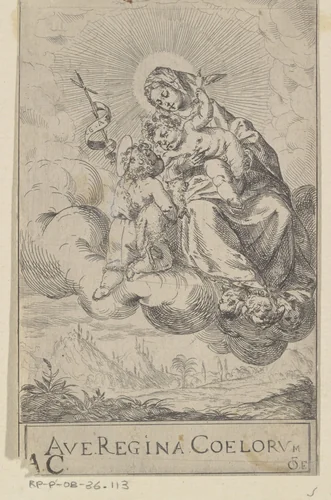 Maria met Kind en de jonge Johannes de Doper op een wolk by Unknown, print, 1583-1638