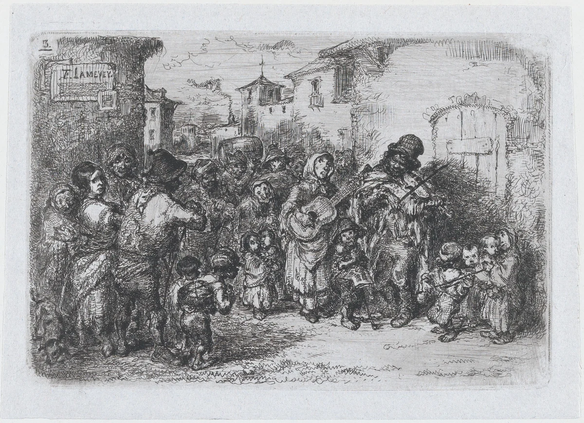 Plate 3: a group street musicians, from the series of customs and pastimes of the Spanish people by Francisco Lameyer, print, 1850