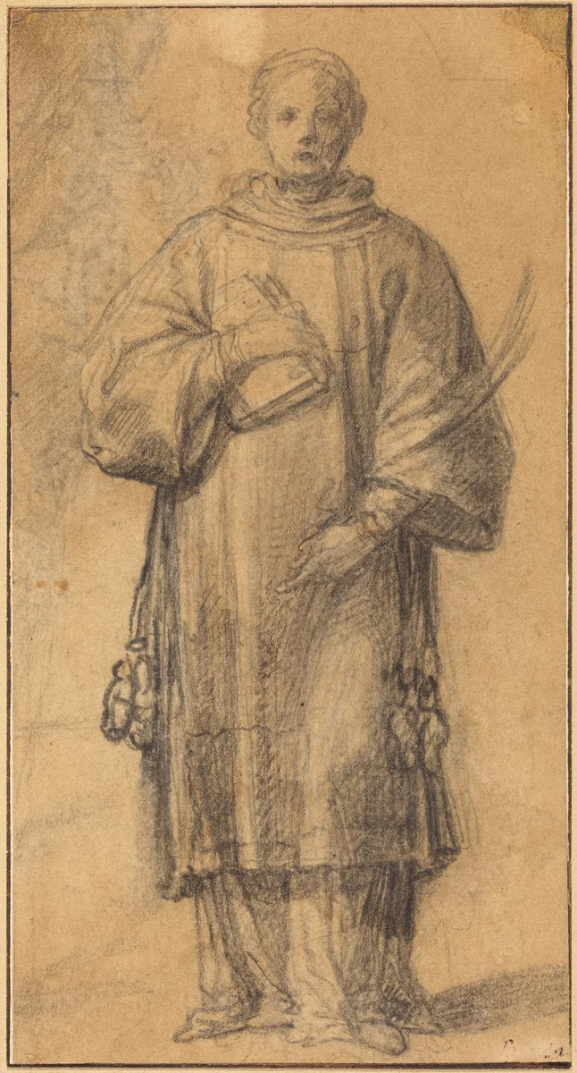 A Standing Saint Holding a Book and a Palm Frond by Spanish 17th Century, drawing, 1617-1682