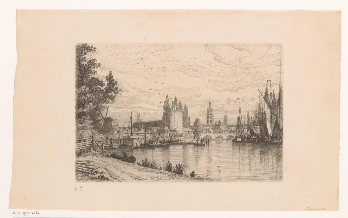 Gezicht op een stad, mogelijk Brugge by Auguste Numans, print, 1833-1879