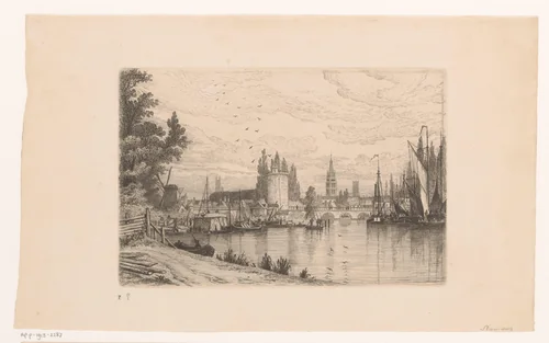 Gezicht op een stad, mogelijk Brugge by Auguste Numans, print, 1833-1879