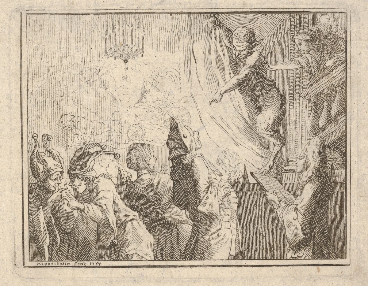 Satyr standing on a stage and pointing downward toward an audience, two jesters gesticulate at lower left by Pierre Hutin, print, 1755