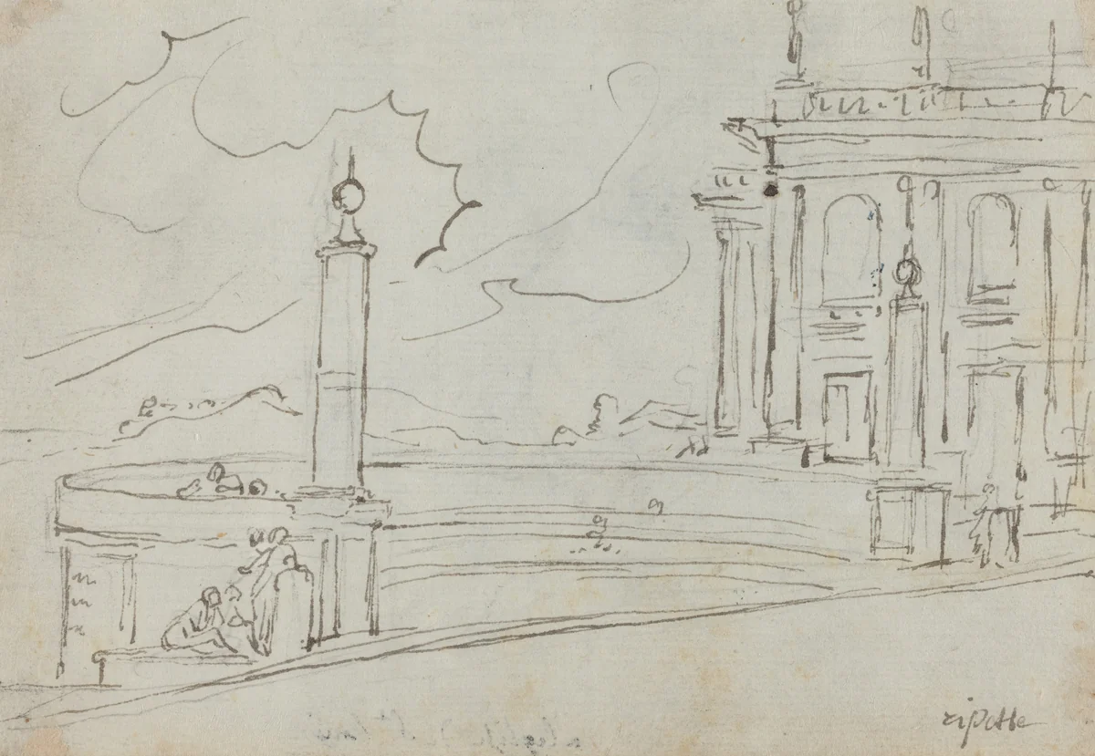 The Ripetta in Rome [verso] by Augustin Pajou, drawing, 1752-1756