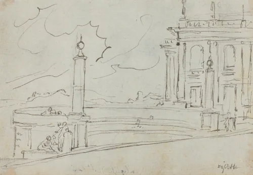 The Ripetta in Rome [verso] by Augustin Pajou, drawing, 1752-1756