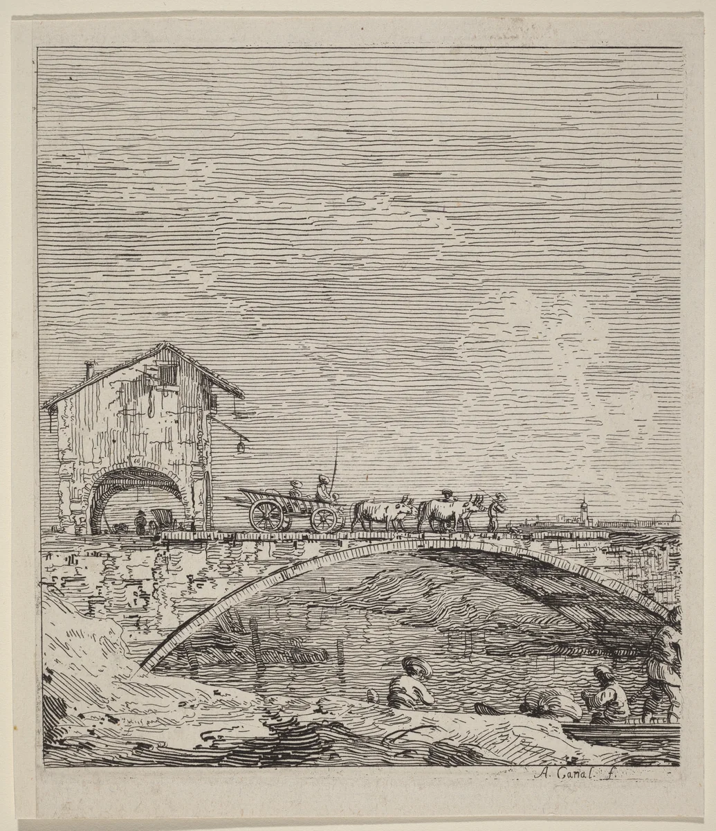The Wagon Passing Over a Bridge by Canaletto, print, 1735-1746