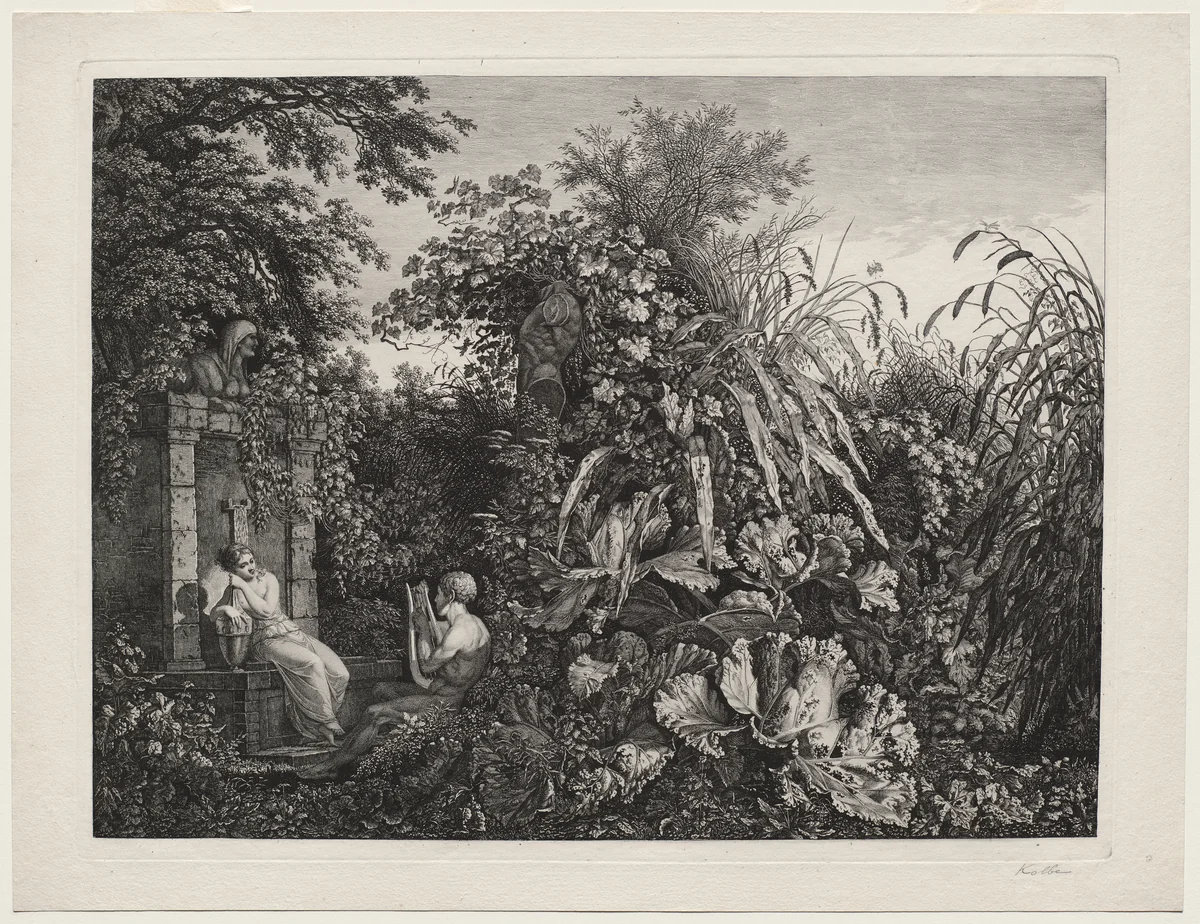 Youth Playing a Lyre to a Maiden by a Fountain by Carl Wilhelm Kolbe, print, 1803