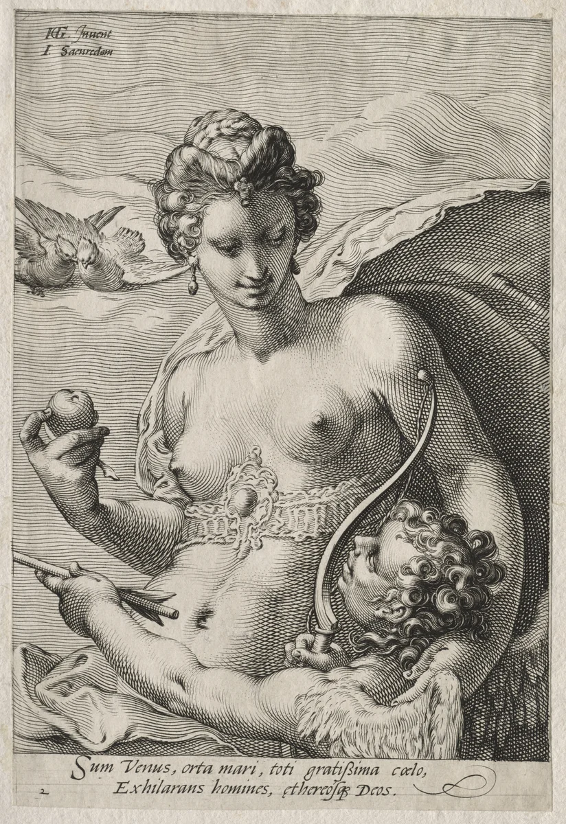 Venus and Cupid by Jan Saenredam, print, 1590-1600