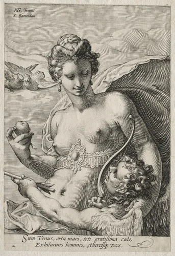 Venus and Cupid by Jan Saenredam, print, 1590-1600