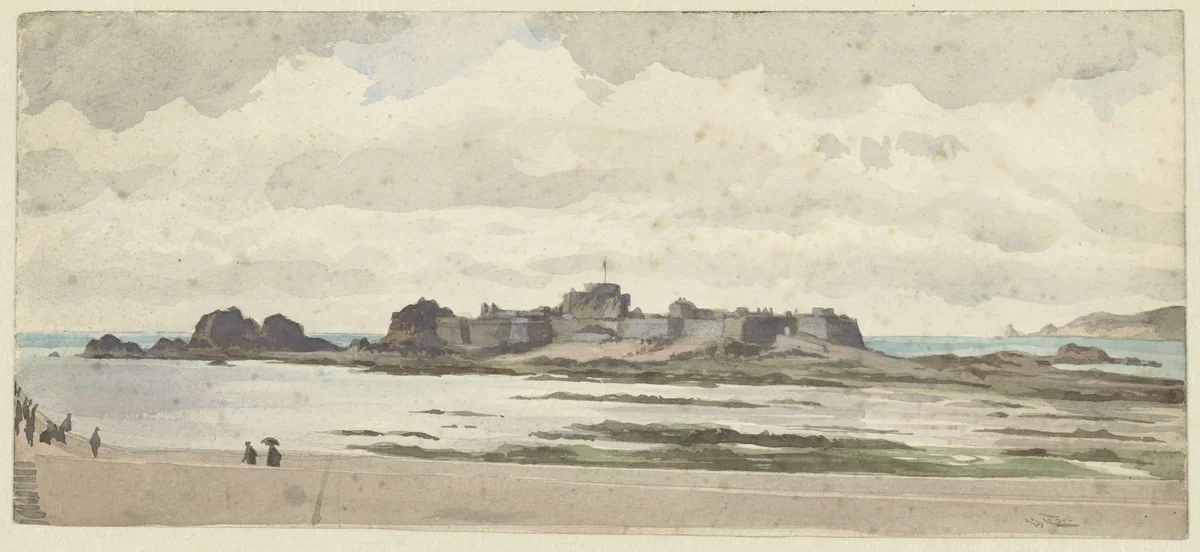 Kasteel of vesting aan de kust by James Tissot, drawing, 1846-1902