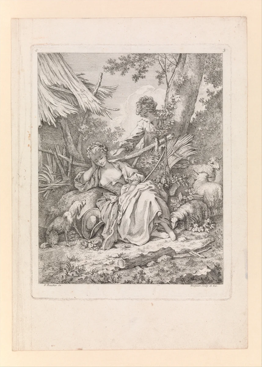 Plate 3: Shepherd tickling a sleeping Shepherdess with a piece of straw, from Troisieme Livre de Sujets et Pastorales (Third Book of Subjects and Pastorals) by Gabriel Huquier, print, 1720-1772