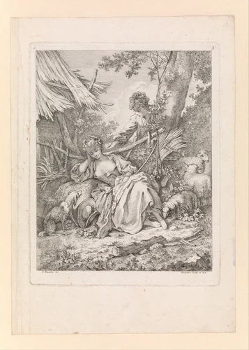 Plate 3: Shepherd tickling a sleeping Shepherdess with a piece of straw, from Troisieme Livre de Sujets et Pastorales (Third Book of Subjects and Pastorals) by Gabriel Huquier, print, 1720-1772