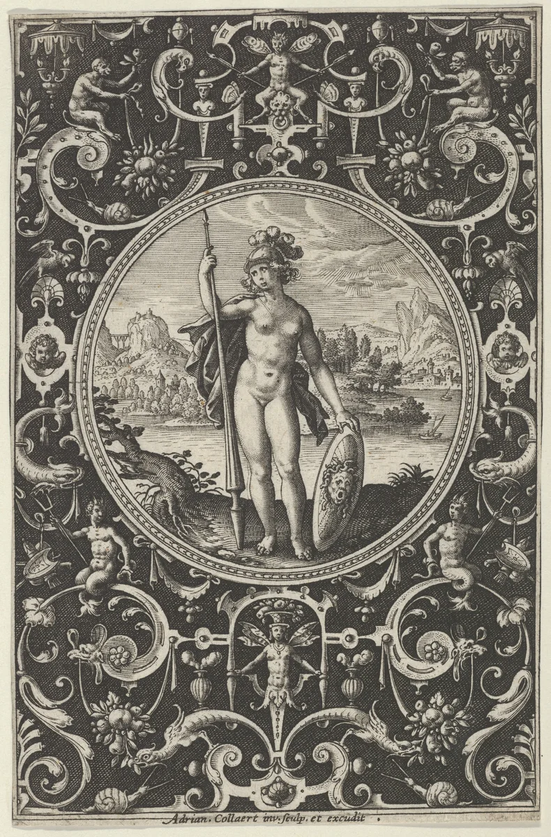 Minerva in a Decorative Frame with Grotesques, from the Judgment of Paris by Adriaen Collaert, print, 1575-1605