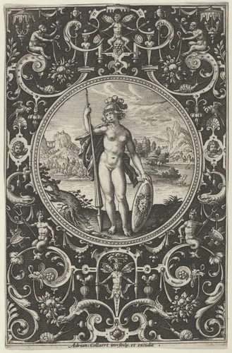 Minerva in a Decorative Frame with Grotesques, from the Judgment of Paris by Adriaen Collaert, print, 1575-1605
